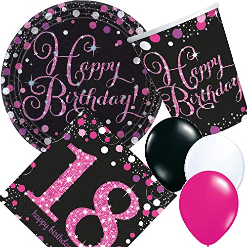 Carpeta 33-teiliges Partyset * PINK Sparkling Celebration * für den 18. Geburtstag // mit Teller + Becher + Servietten Luftballons // Deko Set Party Mottoparty Motto achtzehn Magenta von Carpeta