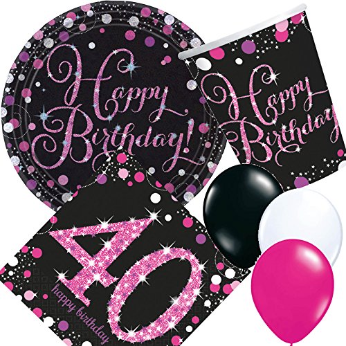 Carpeta 33-teiliges Partyset * PINK Sparkling Celebration * für den 40. Geburtstag // mit Teller + Becher + Servietten Luftballons // Deko Set Party Mottoparty Motto vierzig Magenta von Carpeta