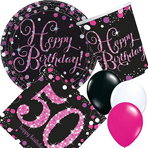 Carpeta 33-teiliges Partyset * PINK Sparkling Celebration * für den 50. Geburtstag // mit Teller + Becher + Servietten Luftballons // Deko Set Party Mottoparty Motto fünfzig Magenta von Carpeta
