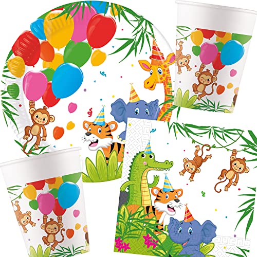 Carpeta 37-TLG Partyset * LUSTIGE ZOOTIERE * für Kindergeburtstag mit Teller + Becher + Servietten + Deko | Safari Dschungel Kinder Geburtstag Mottoparty von Carpeta