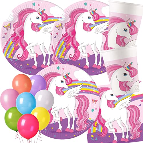 Carpeta 37-teiliges Party-Set * Rainbow Unicorn * mit Teller + Becher + Servietten + Deko | Einhorn Mädchen Regenbogen Rosa Kindergeburtstag Geburtstag Party Luftballons von Carpeta