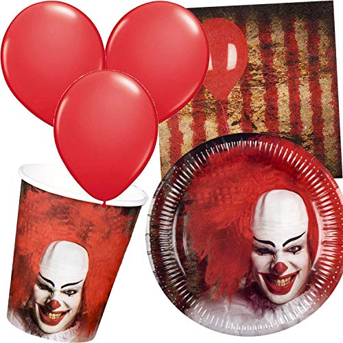 Carpeta 34-teiliges Party-Set * Halloween Clown * mit Teller + Becher + Servietten + Luftballons | Grusel Zirkus It Es Horror Partygeschirr Deko Party Mottoparty von Carpeta