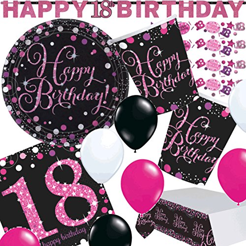 Carpeta 45-teiliges Partyset * PINK Sparkling Celebration * für den 18. Geburtstag // mit Teller + Becher + Servietten + Tischdecke + Konfetti + Girlande Luftballons | Party Set von Carpeta