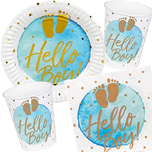 Carpeta 52-TLG. Party-Set * Hello Boy * für Geburt & Baby Shower | Teller + Becher + Servietten + Deko | Baby Junge Blau Carpeta 52-TLG. Party-Set * Hello Boy * für Geburt & Baby Shower | Teller + Becher + Servietten + Deko | Baby Junge Blau von Carpeta