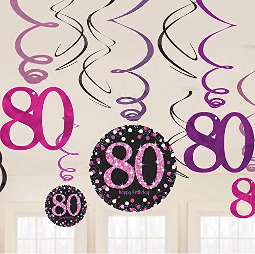 Carpeta: 12-teiliges Swirl-Deckendeko * Zahl 80 * in Pink-Schwarz-Silber | Glitzer Hänge-Deko zum 80. Geburtstag oder Jubiläum | Sparkling Dekoration Oma Senioren von Carpeta: