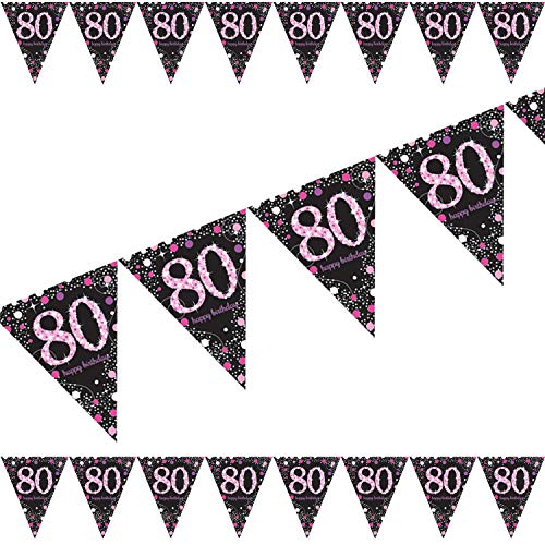 Carpeta: 4m Wimpelkette * Zahl 80 * in Pink-Silber-Schwarz | Metallic-Glitzer-Deko zum 80. Geburtstag oder Jubiläum | Sparkling Dekoration Oma Senioren von Carpeta: