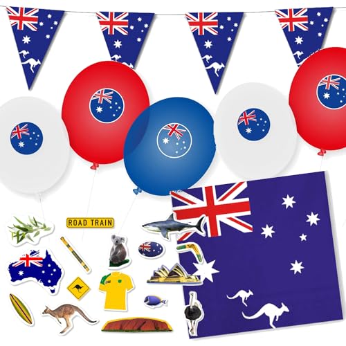 Deko-Set * AUSTRALIEN * für Länderparty, Mottoparty und Event | 75 Teile mit Servietten + Konfetti + Wimpelkette + Luftballons | Downunder Party Deko Partydeko Flagge (Australien) von Carpeta