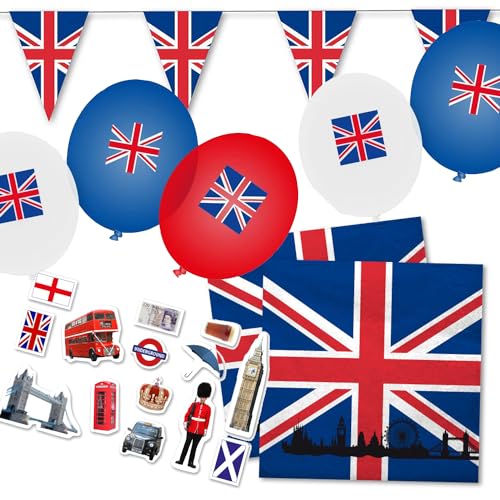 Deko-Set * Großbritannien * für Länderparty, Mottoparty und Event | 72 Teile mit Servietten + Konfetti + Wimpelkette + Luftballons | UK England Party Deko Partydeko Flagge (Großbritannien) von Carpeta