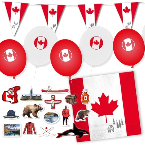 Deko-Set * KANADA * für Länderparty, Mottoparty und Event | 74 Teile mit Servietten + Konfetti + Wimpelkette + Luftballons | Party Deko Partydeko Fahne Flaggen (Kanada) von Carpeta