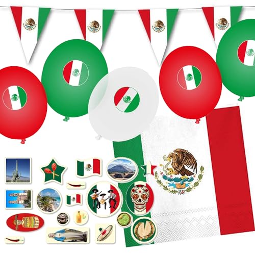 Deko-Set * MEXIKO * für Länderparty, Mottoparty und Event | 87 Teile mit Servietten + Konfetti + Wimpelkette + Luftballons | Party Deko Partydeko Fahne Flaggen (Mexiko) von Carpeta