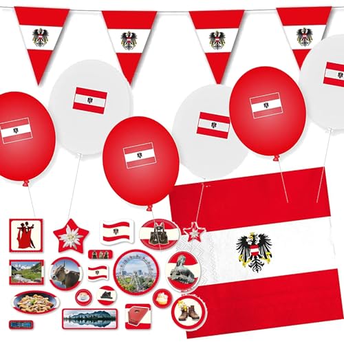 Deko-Set * ÖSTERREICH * für Länderparty, Mottoparty und Event | 84 Teile mit Servietten + Konfetti + Wimpelkette + Luftballons | Party Deko Partydeko Fahne Flaggen (Österreich) von Carpeta