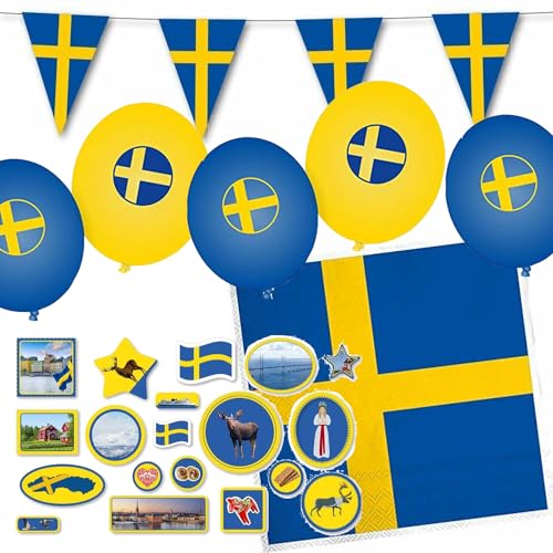 Deko-Set * SCHWEDEN * für Länderparty, Mottoparty und Event | 86 Teile mit Servietten + Konfetti + Wimpelkette + Luftballons | Party Deko Partydeko Fahne Flaggen (Schweden) von Carpeta