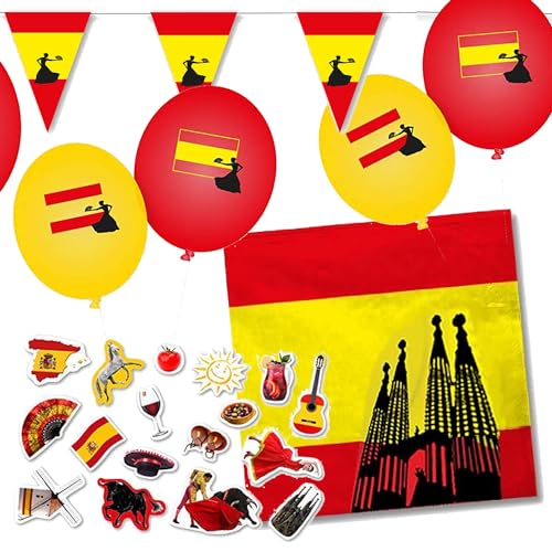 Deko-Set * SPANIEN * für Länderparty, Mottoparty und Event | 80 Teile mit Servietten + Konfetti + Wimpelkette + Luftballons | Party Deko Partydeko Fahne Flaggen (Spanien) von Carpeta