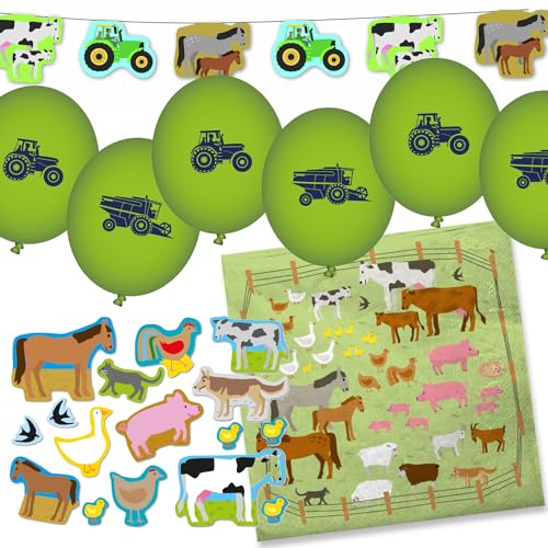 Deko-Sets für Kindergeburtstag, Mottoparty und Party | 77 Teile mit Servietten + Konfetti + Wimpelkette + Luftballons | Kinder Deko Partydeko, Edition: Bauernhof von Carpeta