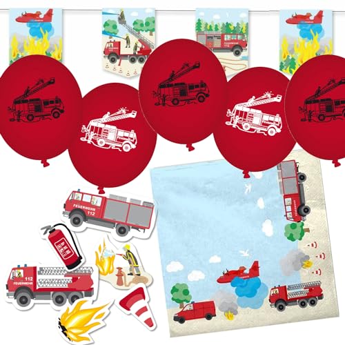 Deko-Sets für Kindergeburtstag, Mottoparty und Party | 53 Teile mit Servietten + Konfetti + Wimpelkette + Luftballons | Kinder Deko Partydeko, Edition: Feuerwehr von Carpeta