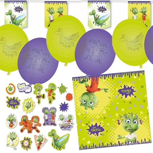 Deko-Sets für Kindergeburtstag, Mottoparty und Party | 80 Teile mit Servietten + Konfetti + Wimpelkette + Luftballons | Kinder Deko Partydeko, Edition: Olchis von Carpeta