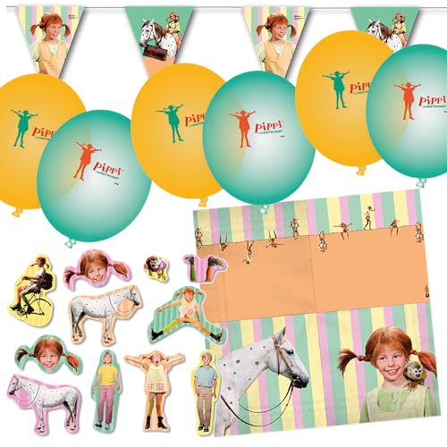 Deko-Sets für Kindergeburtstag, Mottoparty und Party | 62 Teile mit Servietten + Konfetti + Wimpelkette + Luftballons | Kinder Deko Partydeko, Edition: Pippi Langstrumpf von Carpeta
