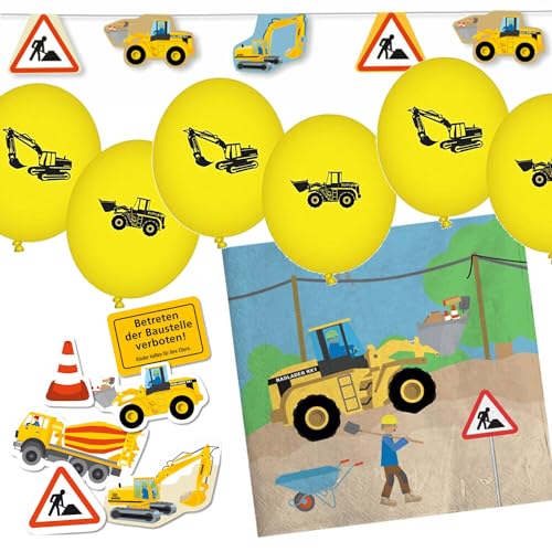 Deko-Sets für Kindergeburtstag, Mottoparty und Party | 77 Teile mit Servietten + Konfetti + Wimpelkette + Luftballons | Kinder Deko Partydeko (Baustelle) von Carpeta