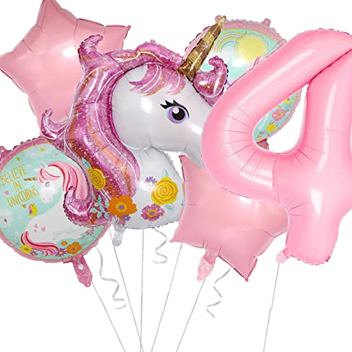 Folienballon Set * Magisches Einhorn * für 1. bis 9. Geburtstag | 6 Ballons + Zahl + Band + Aufblashilfe | Kindergeburtstag Unicorn Deko | Party Kinder Geburtstag Mädchen, Edition: 4. Geburtstag von Carpeta