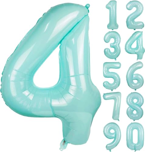 Folienballons * Macaron-Farben * als Zahlen Deko für Geburtstag und Party | XXL-Größe: 100cm | Zahl Luftballons Ballons Folienballon Ballondeko Kindergeburtstag, Edition: Mint-Blau Zahl 4 von Carpeta