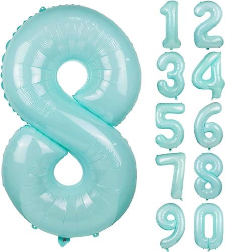 Folienballons * Macaron-Farben * als Zahlen Deko für Geburtstag und Party | XXL-Größe: 100cm | Zahl Luftballons Ballons Folienballon Ballondeko Kindergeburtstag, Edition: Mint-Blau Zahl 8 von Carpeta