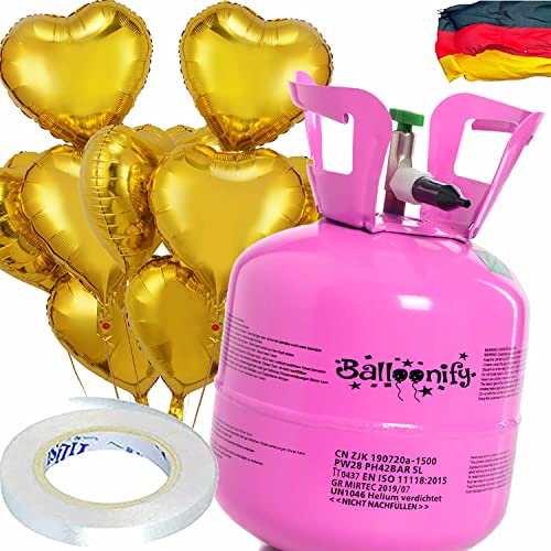 Helium Ballongas + Herz Folienballons + Ballonband | 20er Heliumflasche + Knickventil + 8 Ballonherzen + 10m Band | Luftballon Herzen Geburtstag Party Hochzeit, Edition: Set mit 8 Gold Herzballons von Carpeta