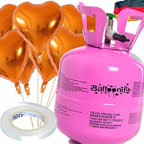 Helium Ballongas + Herz Folienballons + Ballonband | 20er Heliumflasche + Knickventil + 8 Ballonherzen + 10m Band | Luftballon Herzen Geburtstag Party Hochzeit, Edition: Set mit Orangen Herzballons von Carpeta