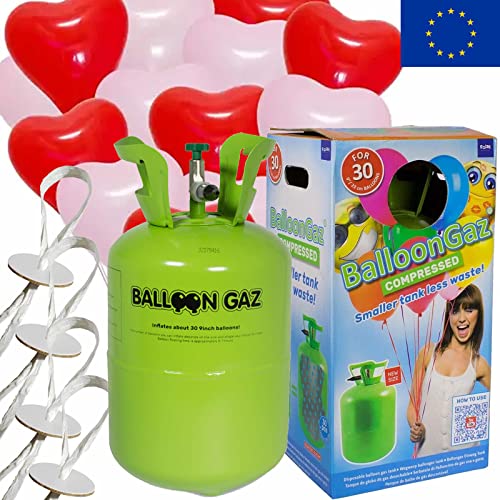 Helium Ballongas + Herzballons + Öko-Ballonbänder | 30er Heliumflasche + Knickventil + 16 Herz Luftballons + 50 Bänder | Herzen Geburtstag Party Hochzeit, Edition: Set mit 16 rot-weißen Herzen von Carpeta
