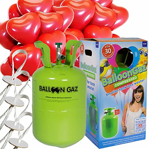 Helium Ballongas + Herzballons + Öko-Ballonbänder | 30er Heliumflasche + Knickventil + 16 Herz Luftballons + 50 Bänder | Herzen Geburtstag Party Hochzeit, Edition: Set mit 16 roten Herzballons von Carpeta