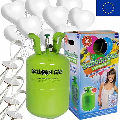 Helium Ballongas + Herzballons + Öko-Ballonbänder | 30er Heliumflasche + Knickventil + 16 Herz Luftballons + 50 Bänder | Herzen Geburtstag Party Hochzeit, Edition: Set mit 16 weißen Herzballons von Carpeta