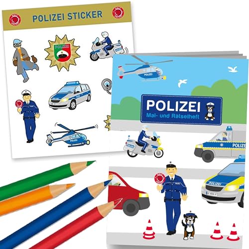 Mitgebsel-Set * POLIZEI * mit Mal- und Rätselheft, 8 Sticker und 4 Buntstiften | perfekt als Mitgebsel oder Geschenk | Malbuch Malen Malblock Kinder Polizist Polizeiauto von Carpeta