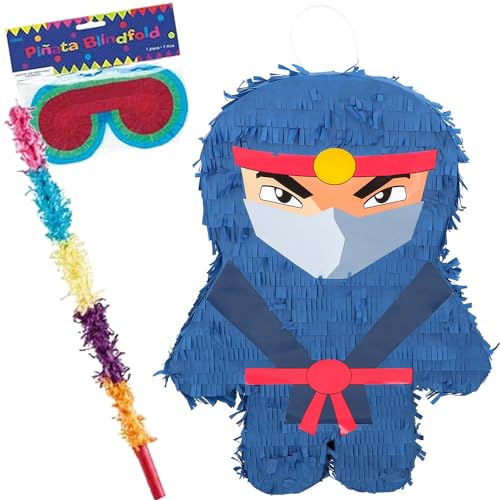 Pinata * NINJA + SCHLAGSTOCK + MASKE * als Spiel und Deko für Kindergeburtstag und Mottoparty | Größe: 45x34x10cm | Kompatibel zu Ninjago Geburtstag | Pinatas Kinder Party von Carpeta