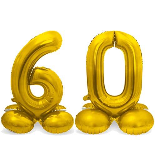 Stehende XXL-Folienballon-Set Zahl 60 in Gold als Deko für Geburtstag, Party und Jubiläum | Höhe: 72cm mit Basis | kein Ballongas notwenig | Zahlen Ballon Dekoration Folienballons von Carpeta