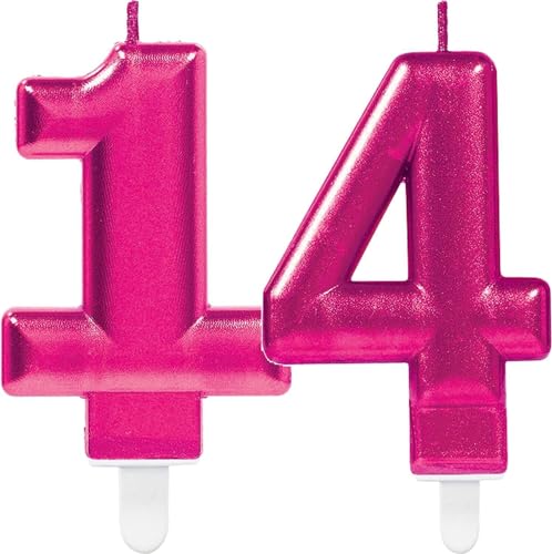 Zahlenkerze von Zahl 0 bis 9 in Pink mit Steckfuß | ca. 9cm x 5,5cm groß | Rosa Magenta Deko Geburtstag Geburtstagskerze Zahlen Kerze, Farbe: Pink, Größe: Zahl 14 von Carpeta
