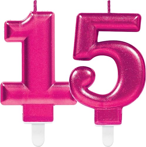 Zahlenkerze von Zahl 0 bis 9 in Pink mit Steckfuß | ca. 9cm x 5,5cm groß | Rosa Magenta Deko Geburtstag Geburtstagskerze Zahlen Kerze, Farbe: Pink, Größe: Zahl 15 von Carpeta