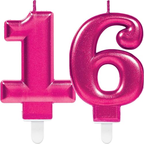 Zahlenkerze von Zahl 0 bis 9 in Pink mit Steckfuß | ca. 9cm x 5,5cm groß | Rosa Magenta Deko Geburtstag Geburtstagskerze Zahlen Kerze, Farbe: Pink, Größe: Zahl 16 von Carpeta