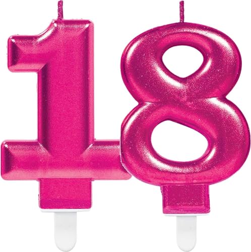 Zahlenkerze von Zahl 0 bis 9 in Pink mit Steckfuß | ca. 9cm x 5,5cm groß | Rosa Magenta Deko Geburtstag Geburtstagskerze Zahlen Kerze, Farbe: Pink, Größe: Zahl 18 von Carpeta