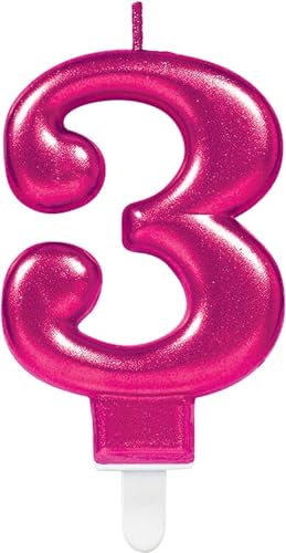 Zahlenkerze von Zahl 0 bis 9 in Pink mit Steckfuß | ca. 9cm x 5,5cm groß | Rosa Magenta Deko Geburtstag Geburtstagskerze Zahlen Kerze, Farbe: Pink, Größe: Zahl 3 von Carpeta