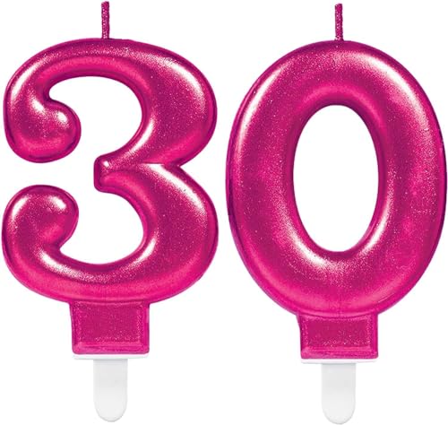 Zahlenkerze von Zahl 0 bis 9 in Pink mit Steckfuß | ca. 9cm x 5,5cm groß | Rosa Magenta Deko Geburtstag Geburtstagskerze Zahlen Kerze, Farbe: Pink, Größe: Zahl 30 von Carpeta