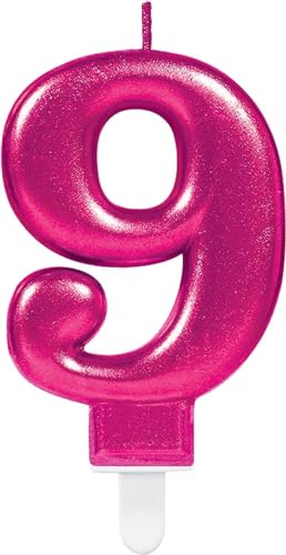 Zahlenkerze von Zahl 0 bis 9 in Pink mit Steckfuß | ca. 9cm x 5,5cm groß | Rosa Magenta Deko Geburtstag Geburtstagskerze Zahlen Kerze, Farbe: Pink, Größe: Zahl 9 von Carpeta