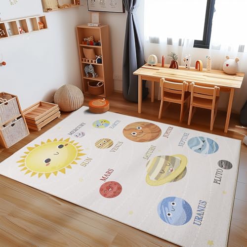 Carpetsale24 Kinderteppich Planeten Muster Jungen und Mädchen Babyzimmer Teppich Kinderzimmer Beige Teppich, Maße:100 x 150 cm, Farbe:Beige von Carpetsale24