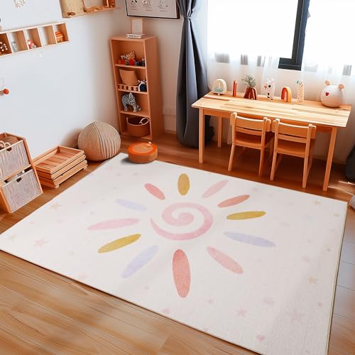 Carpetsale24 Kinderteppich Sonnen und Sternmuster Jungen-Mädchen Babyzimmer Teppich Kinderzimmer Creme Teppich, Maße:140 x 200 cm, Farbe:Creme von Carpetsale24