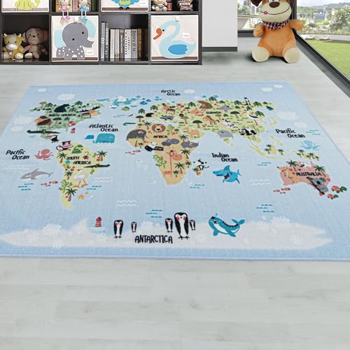 Carpetsale24 Kinderteppich Weltkarte mit Tieren Design Blau 160 x 230 cm - Kurzflor Teppich Kinderzimmer für Jungen und Mädchen Weich und Pflegeleicht - Waschbar Spielteppich Babyzimmer Babyteppich von Carpetsale24