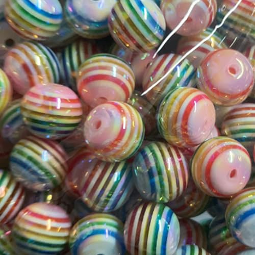 25 Stück gestreifte runde Perlen UV 16 mm Acryl Regenbogen Macaron Farbe Lutscher für DIY Handy Kette Tasche hängende Stiftperlen Schlüsselanhänger (Regenbogen Rosa + Weiß) von Carporay