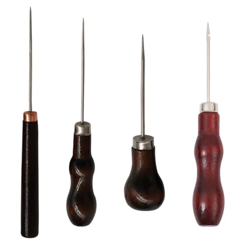 4 Stück Ahle Werkzeug,Ahle Nähen,Vorstecher mit Holzgriff Ahle,Prickelnadel Ahle,Holzgriff Pfriem,Leder Werkzeug Nähen Vorstecher,zum Nähen Oder Reparieren Von Canvas Papier Leder Stoff von Carreneu