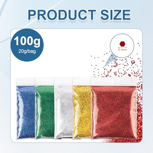 5 Stück Glitzerpulver Zum Basteln,Glitzer Zum Basteln,Glitzer Pulver Zum Basteln,100g Glitzerstaub Zum Basteln,Für Nägel Gesicht Kartenbasteln Handwerk Nagelkunst (Rot,Grün,Gold,Silber,Blau) von Carreneu
