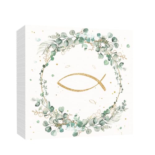 60Pcs Servietten Taufe Servietten Hochzeit Kommunion Tischservietten 2 Lagige Frühling Blumenkranz mit Fisch Eukalyptus Muster für Kommunion Taufe Hochzeit Gartenparty Geburtstag Ostern Taufe,33×33cm von Carreneu