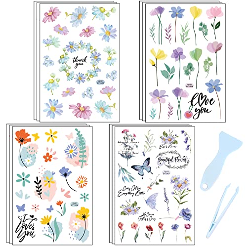 12 Blatt Transferaufkleber Blumen Scrapbooking Sticker Mit Pinzette und Spachtel Vintage Rub On Transferaufkleber Blumenblätter-Muster Deko Zubehör für DIY Basteln Scrapbook, Album,Bullet Journals von Carreuty