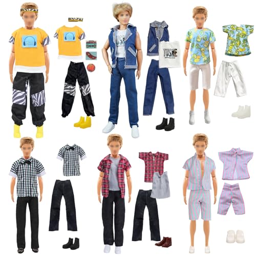 12 Goße Jungenpuppe Kompatibel mit Ken Kleidung，1 Blauer Jeansanzug 1 Gelbes Sweatshirt mit Motive 2 Karierte Kurzarmhosen 2 Hosen 2 Kurzarmhosen 2 Shorts 6 Schuhe für 12 Zoll Puppen Geschenk von Carreuty