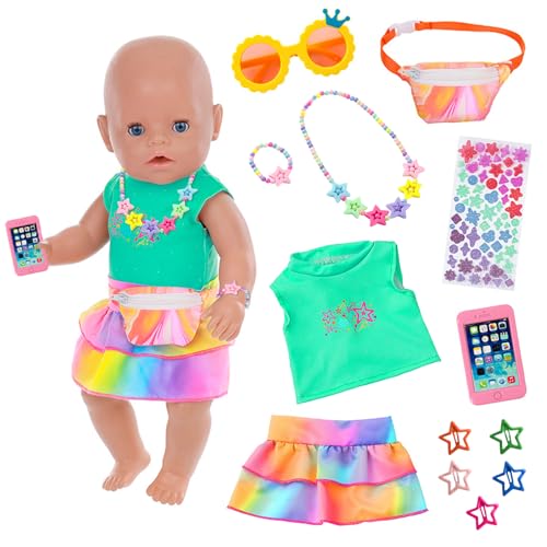 13 Stück Puppenkleidung für 35-45 cm Baby Puppen, Bunte Pentagramme Sets mit Westen Rock Taschen Brillen Halsketten Armbänder Clips Aufkleber für 14-18 Zoll Neugeborene Baby Puppen Kinder Geburtstag von Carreuty